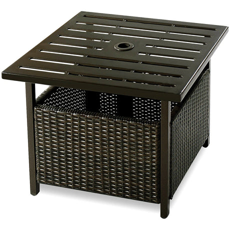 Rattan Coffee Table with Umbrella Hole & Metal Tabletop for Outdoor