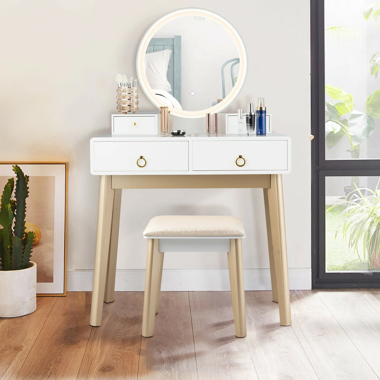 Modern Dressing Table with LED Mirror &amp; Cushioned Stool-White