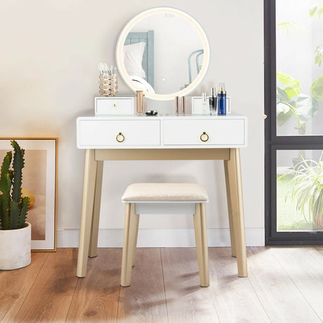 Modern Dressing Table with LED Mirror &amp; Cushioned Stool-White