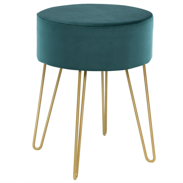 Round Velvet Ottoman Footrest Table Dressing Chair with Metal Legs-Green