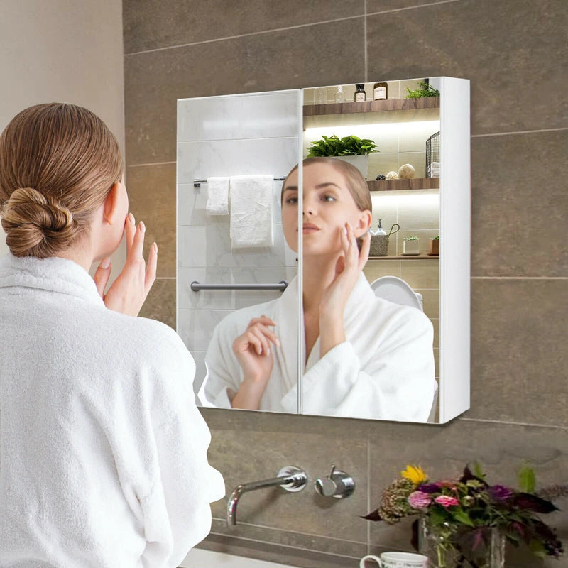 2-Tier Wall-Mounted Storage Cabinet with Double Mirror Doors