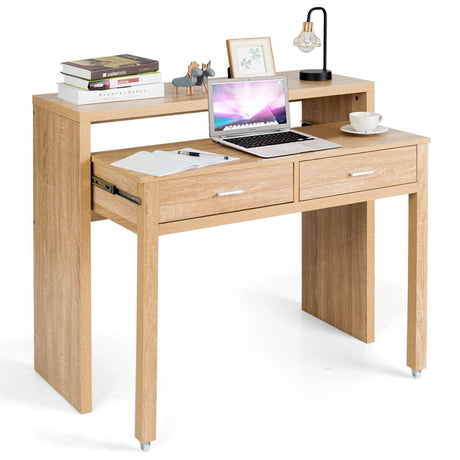 Extending Writing Desk Console Table with 2 Drawers-Natural