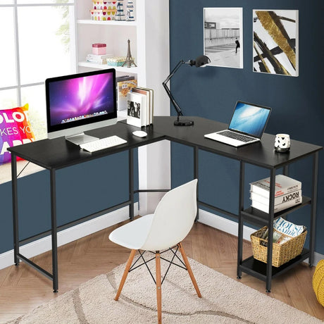 L-Shaped Corner Computer Desk with 2-Tier Storage Shelf-Black