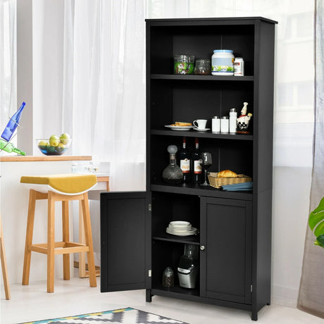 3-Shelf Bookcase with Double Doors &amp; Adjustable Shelves &amp; Cabinet-Black