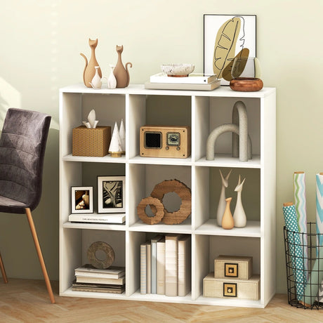 Wooden Kids Bookcase with Storage Cubbies and Anti-toppling Devices-White