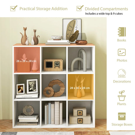 Wooden Kids Bookcase with Storage Cubbies and Anti-toppling Devices-White