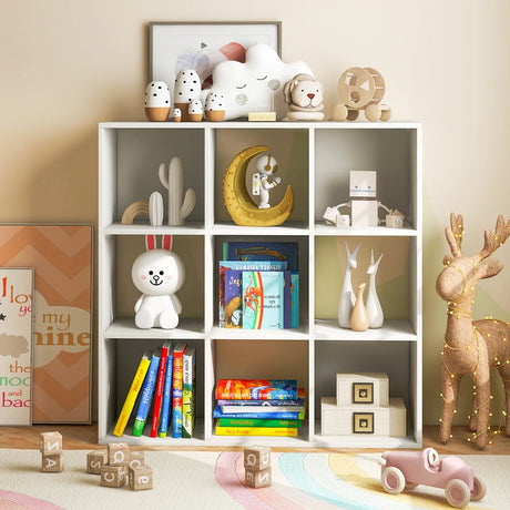 Wooden Kids Bookcase with Storage Cubbies and Anti-toppling Devices-White