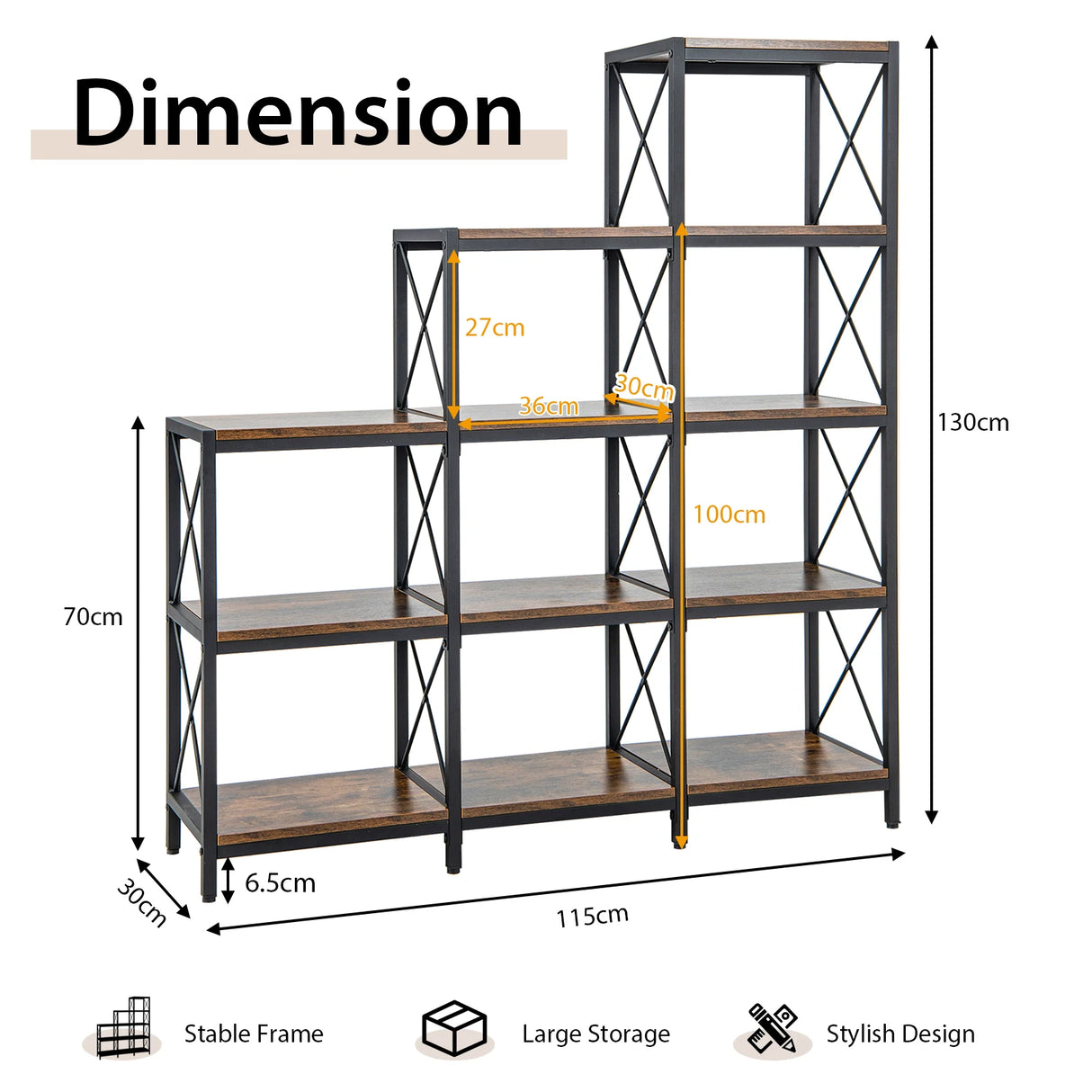 9 Cubes Bookcase with Carbon Steel Frame for Home Office-Rustic Brown