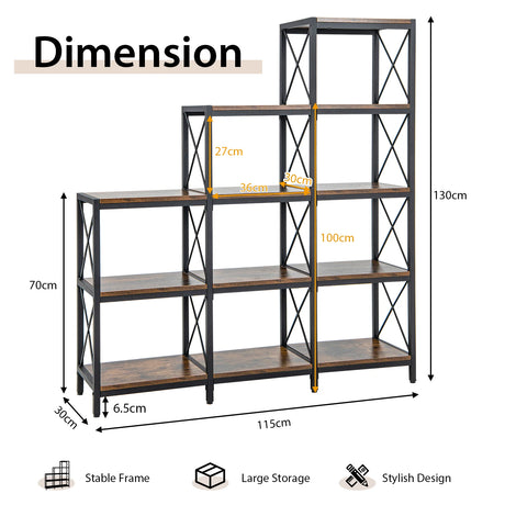 9 Cubes Bookcase with Carbon Steel Frame for Home Office-Rustic Brown