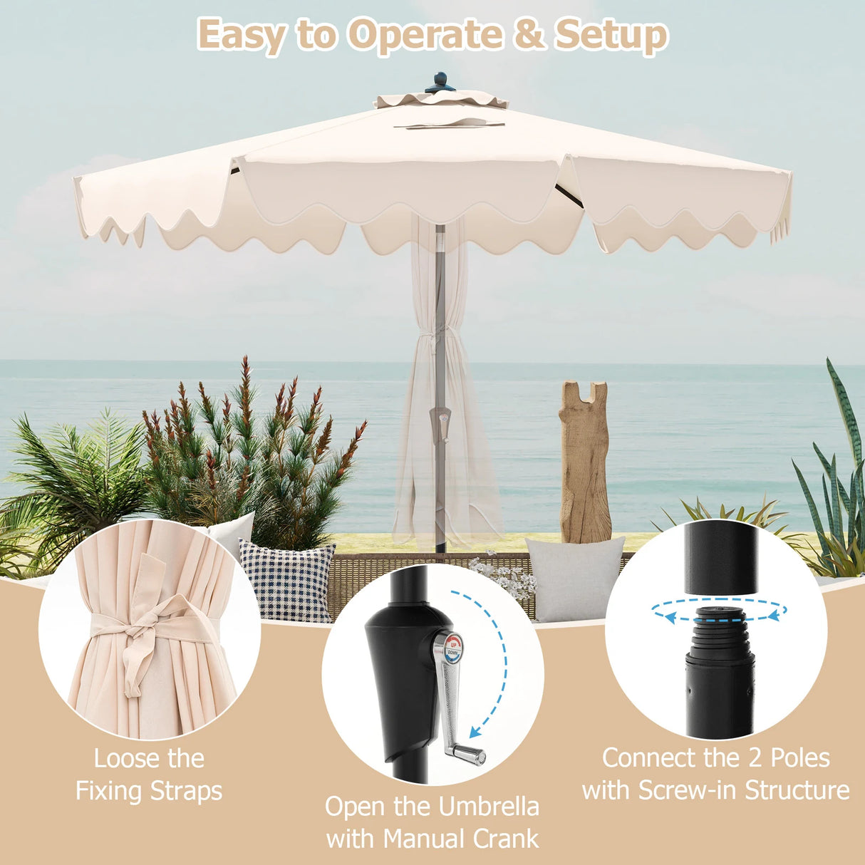 9 Feet Patio Umbrella with Crank Handle and Push Button Tilt-Beige