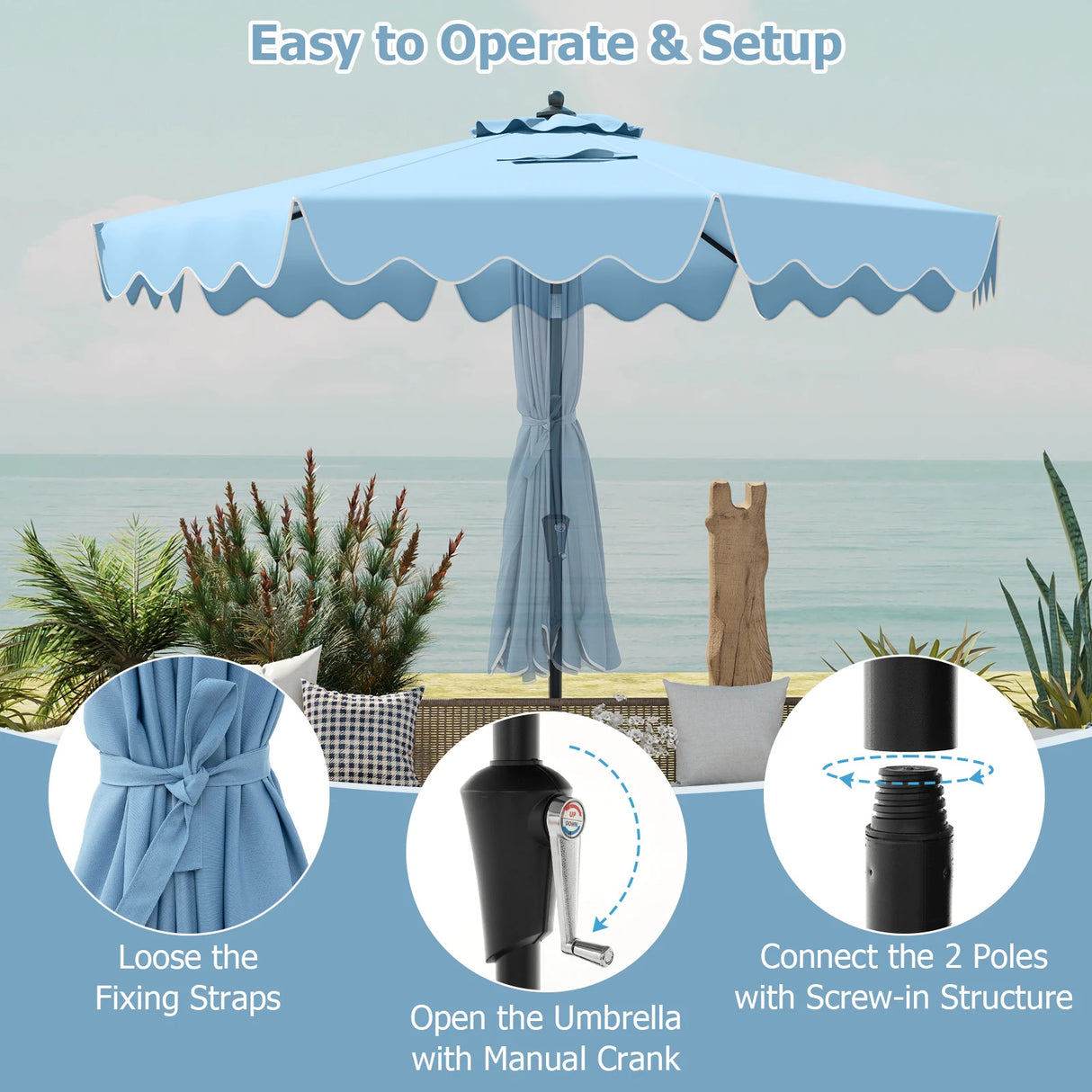 9 Feet Patio Umbrella with Crank Handle and Push Button Tilt-Navy