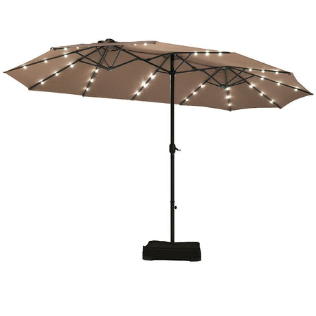 15 Ft Solar LED Patio Double-sided Umbrella Market Umbrella with Weight Base