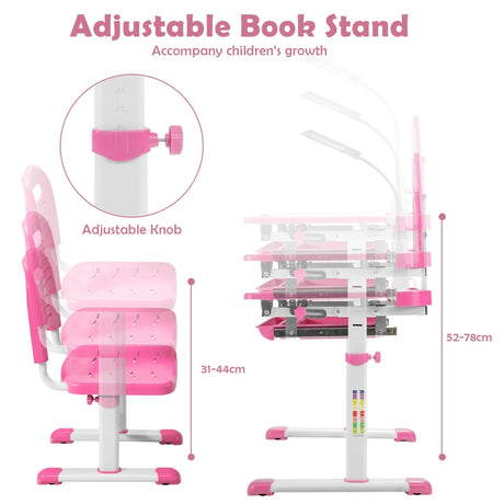 Height Adjustable Kids Study Table and Chair Set with Bookstand-Pink