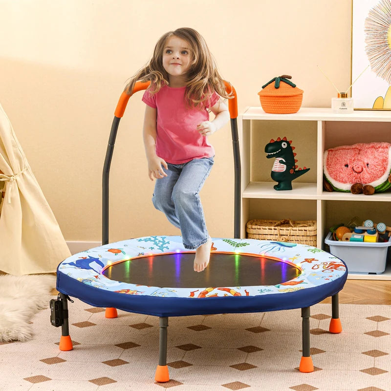 90 cm Folding  Mini Trampoline for Kids with Lights and Padded Safety Cover-Blue