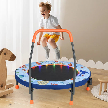 90 cm Folding  Mini Trampoline for Kids with Lights and Padded Safety Cover-Blue