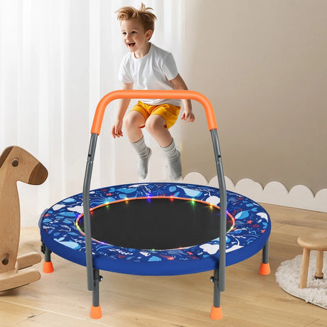 90 cm Folding  Mini Trampoline for Kids with Lights and Padded Safety Cover-Navy