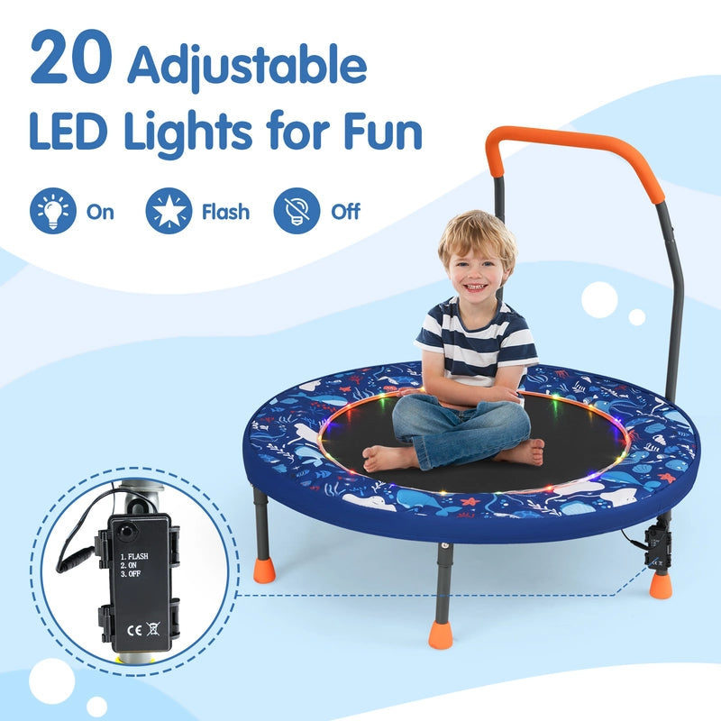 90 cm Folding  Mini Trampoline for Kids with Lights and Padded Safety Cover-Navy