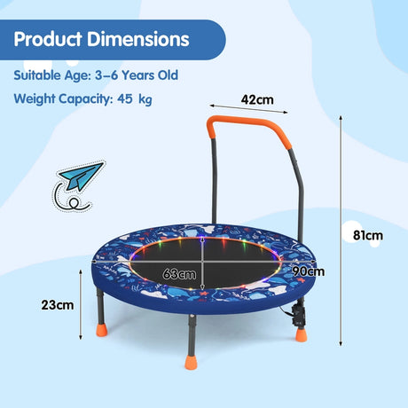 90 cm Folding  Mini Trampoline for Kids with Lights and Padded Safety Cover-Navy