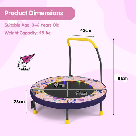 90 cm Folding  Mini Trampoline for Kids with Lights and Padded Safety Cover-Pink