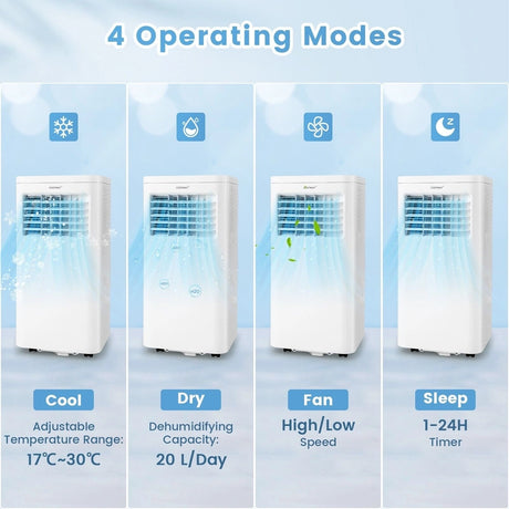 9000 BTU 4-in-1 Portable Air Conditioner with Built-in Dehumidifier and Smart Sleep Mode-WHite