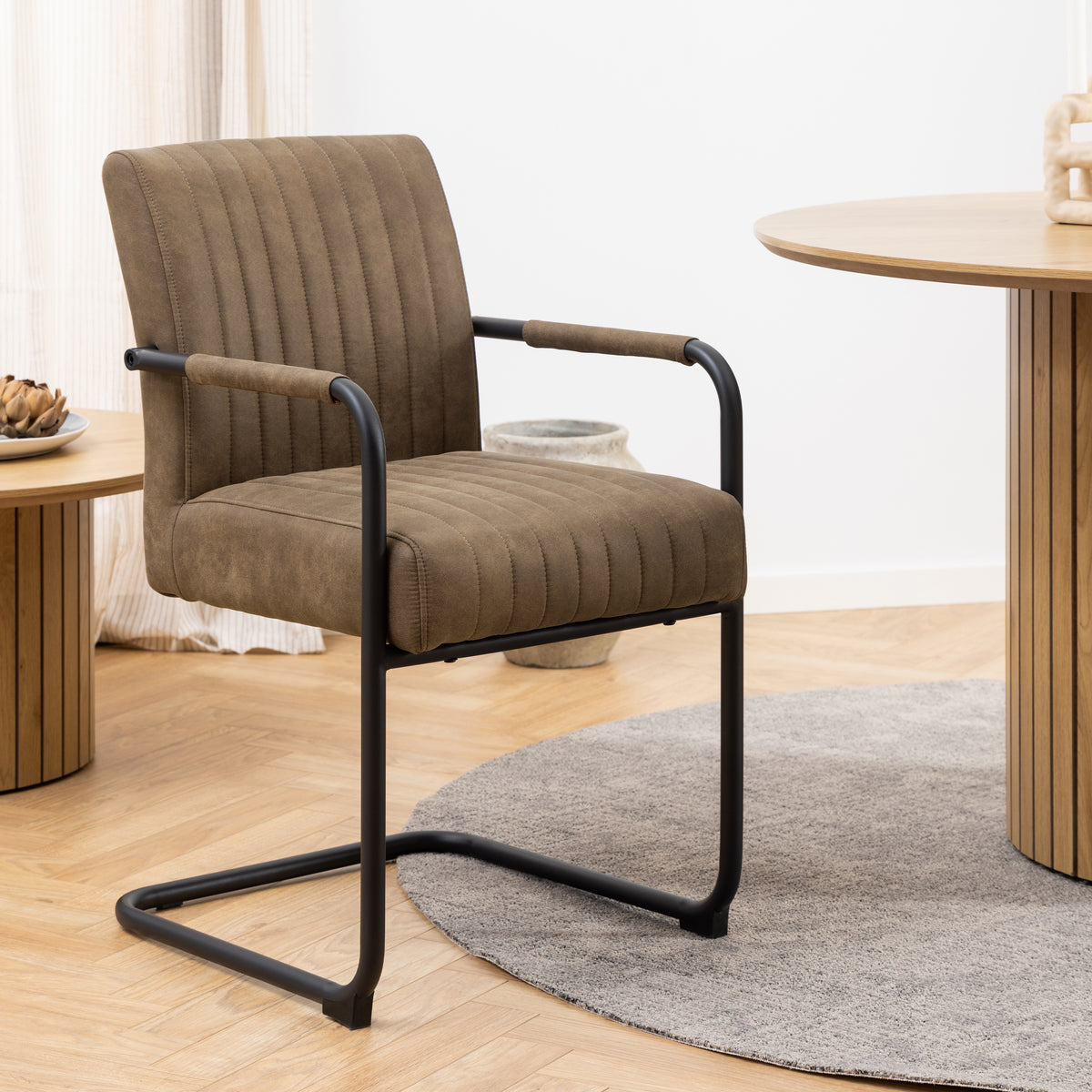 Yale Dining Table in Oak 120x75cm includes 4 Adele Fabric Dining Chairs in Light Brown