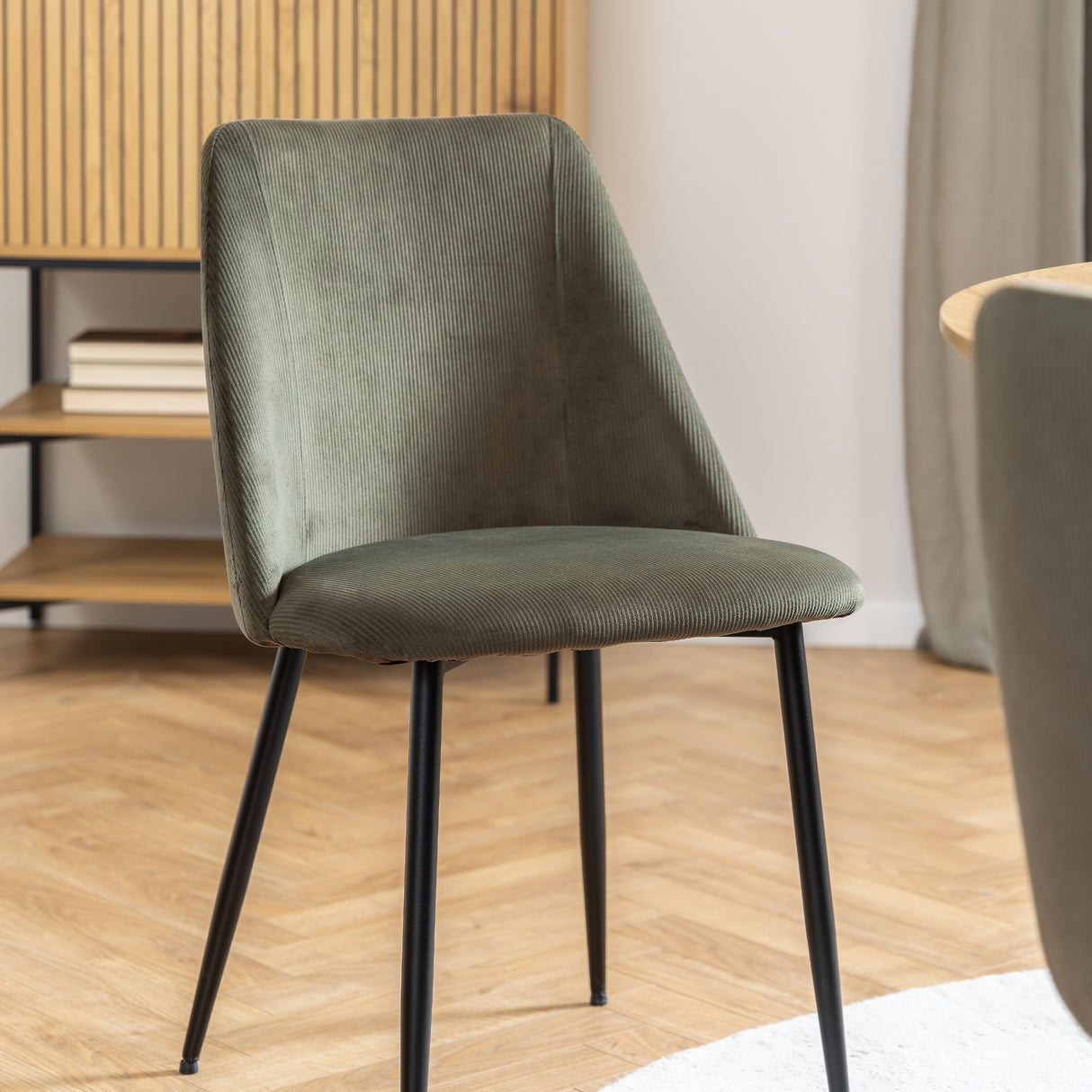 Yale Dining Table in Oak 120x75cm includes 4 Ines Dining Chairs in Olive Green