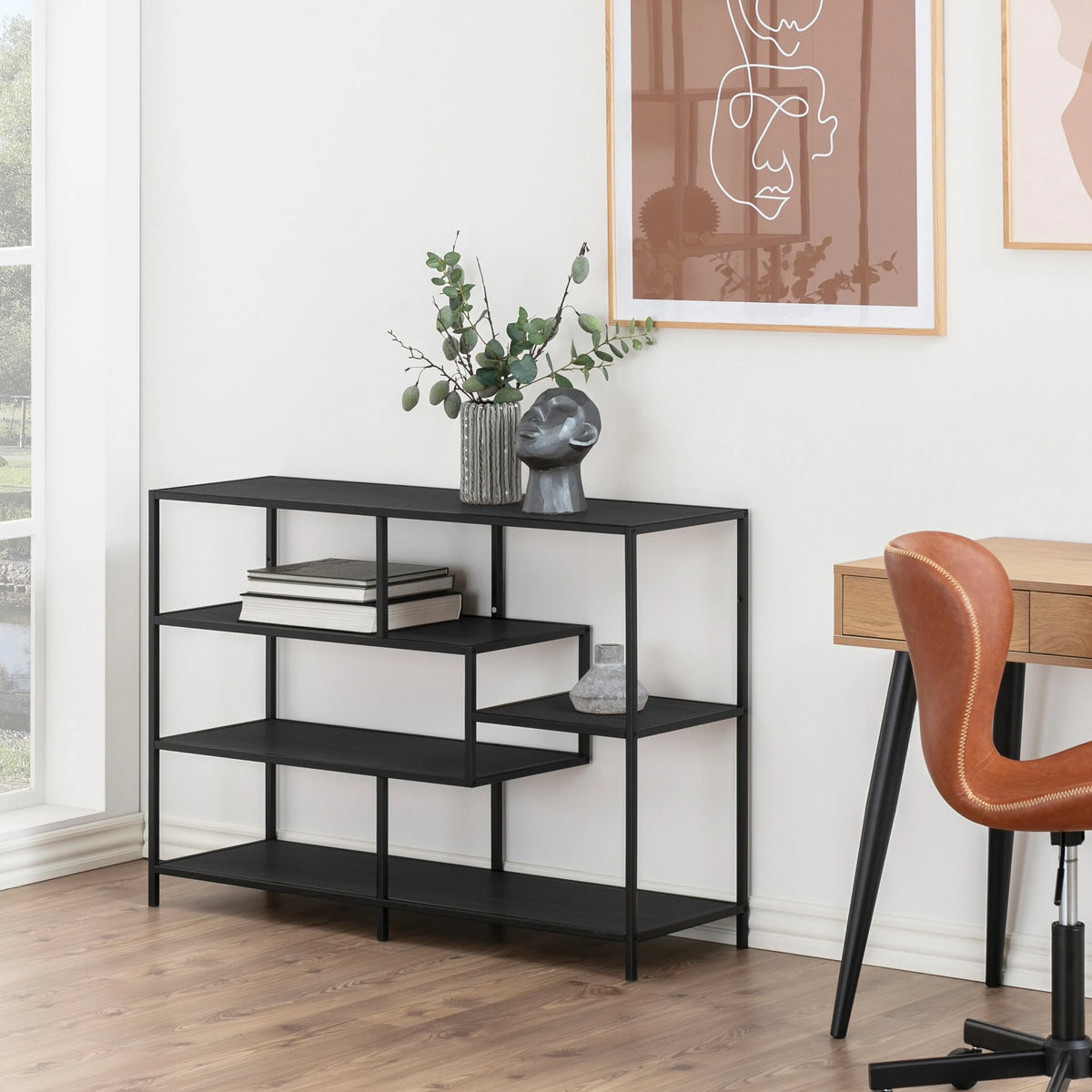 Seaford Wide Bookcase in Black with Oak Shelves
