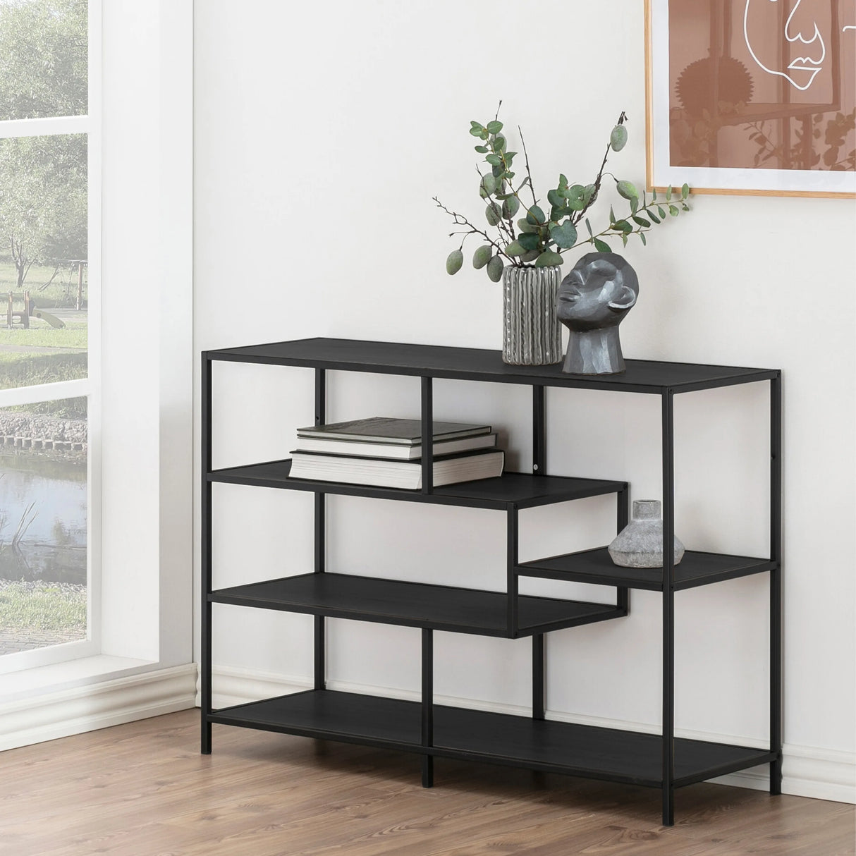 Seaford Wide Bookcase in Black with Oak Shelves