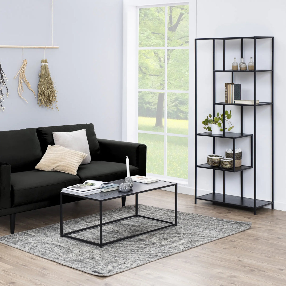 Seaford Tall Black Metal Bookcase with 5 Black Shelves