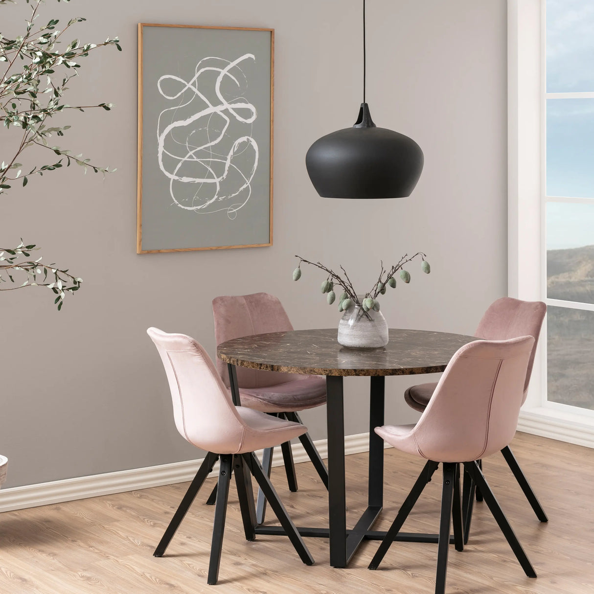 Amble Round Dining Table with Brown Marble Melamine Top & Black Legs 110x75cm