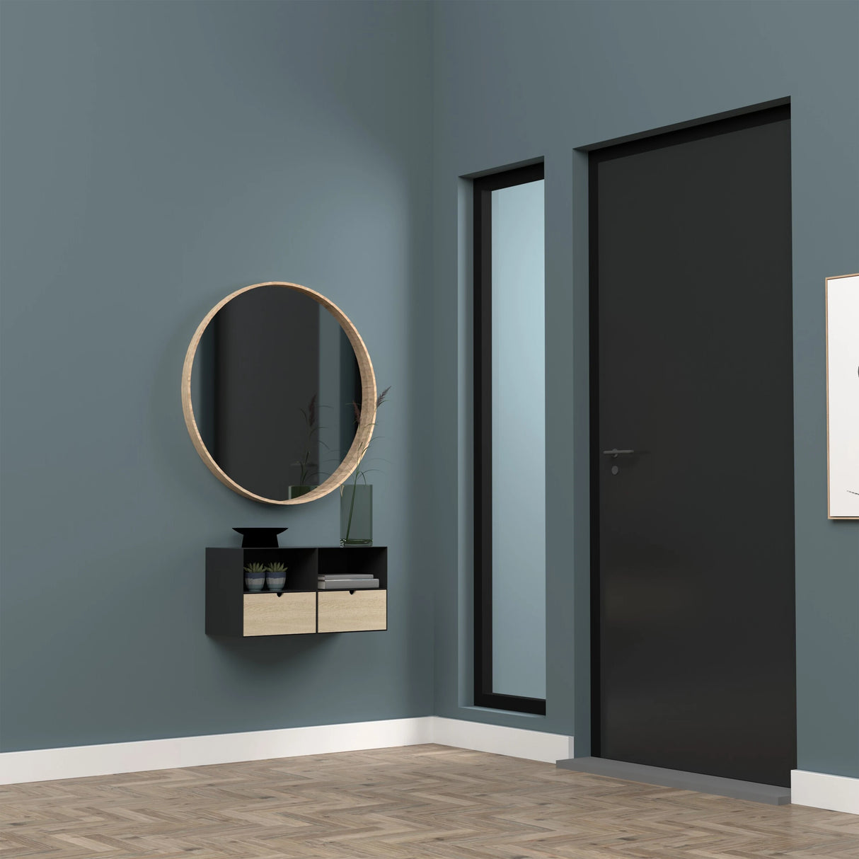 Joliet 1 Drawer Wall Mounted Bedside Table in Black and Bamboo
