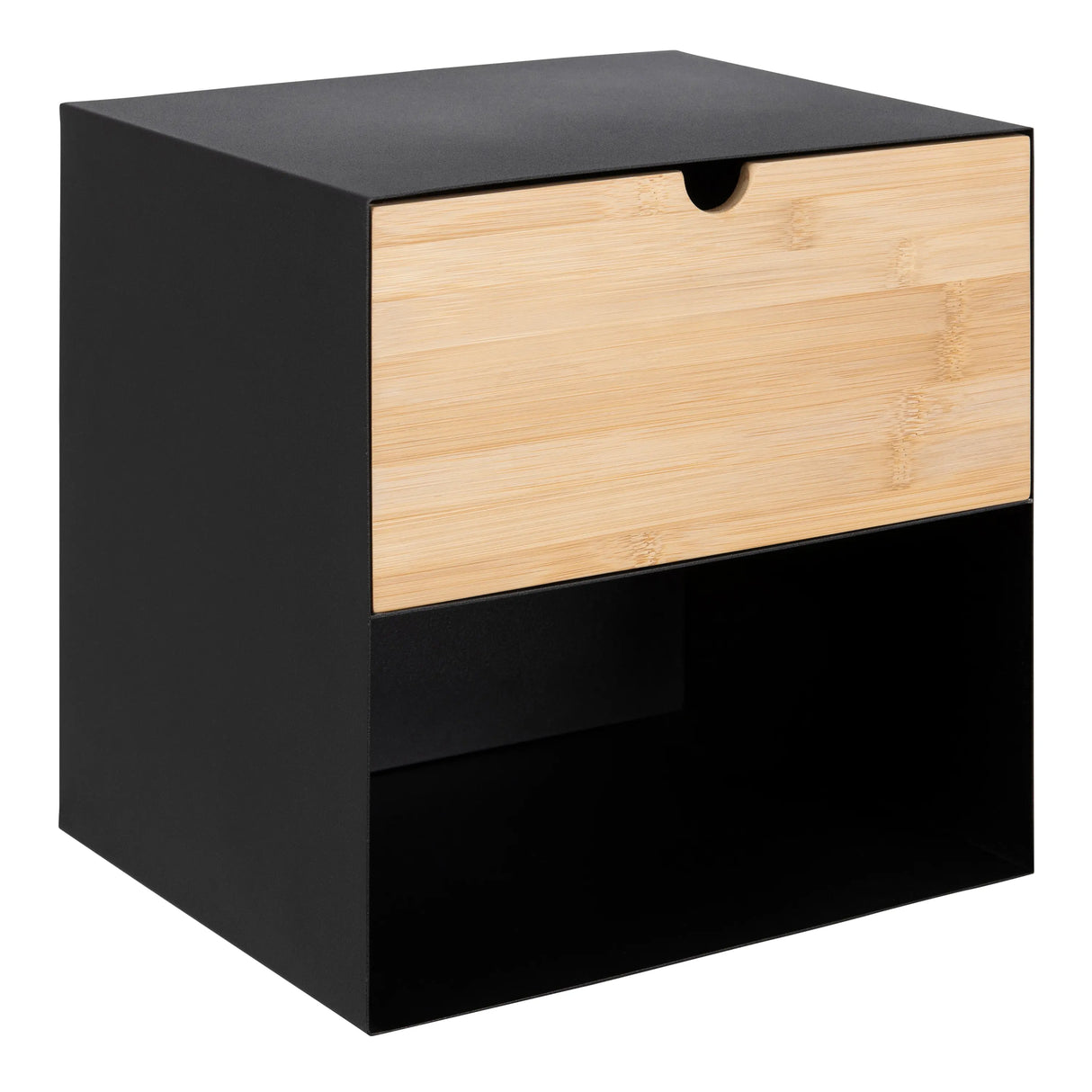 Joliet 1 Drawer Wall Mounted Bedside Table in Black and Bamboo
