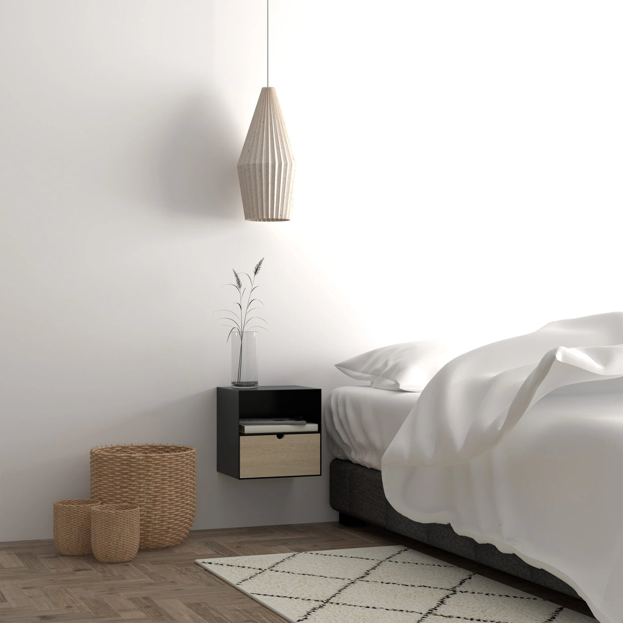 Joliet 1 Drawer Wall Mounted Bedside Table in Black and Bamboo