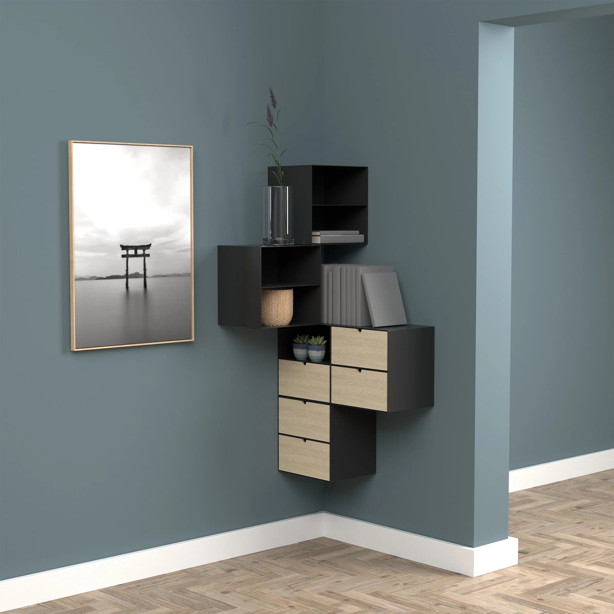 Joliet 1 Drawer Wall Mounted Bedside Table in Black and Bamboo