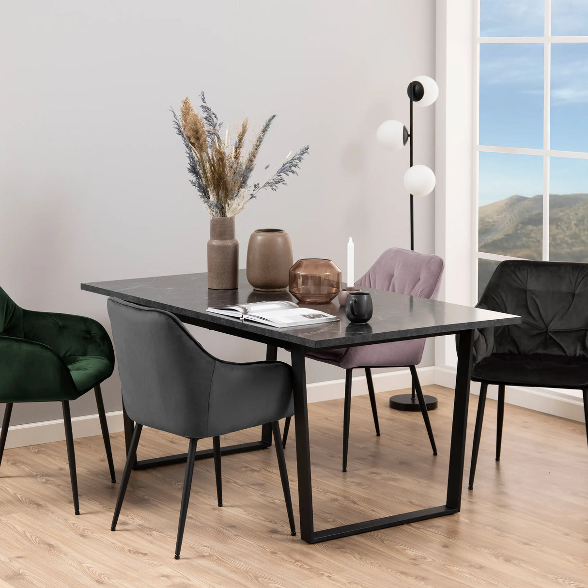 Amble Dining Table with Black Marble Melamine Top & Black Legs 160x74cm