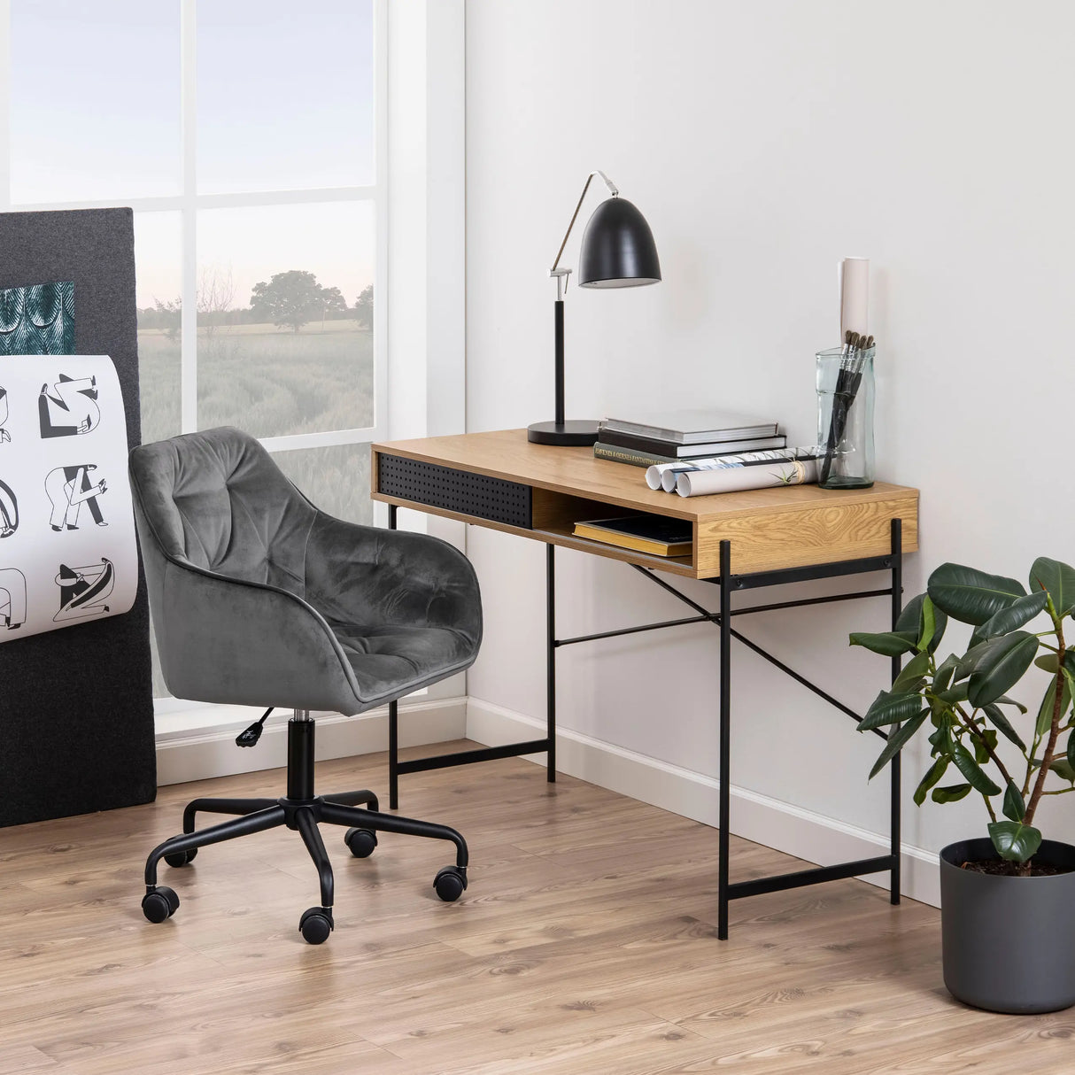 Angus Desk with Sliding Door in Oak & Black