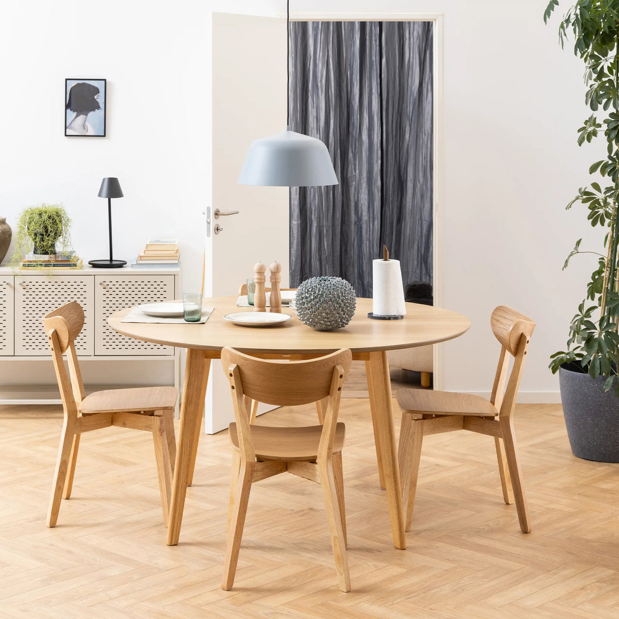 Roxby Round Dining Table in Oak 105x76cm includes 4 Roxby Dining Chairs in Oak