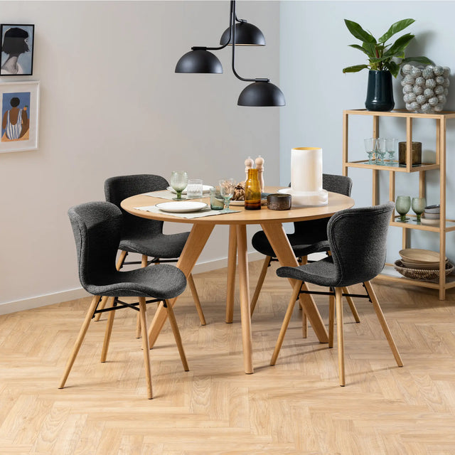 Townsville Round Dining Table in White and Oak 100x75cm includes 4 Batilda Fabric Dining Chairs in Grey/Oak