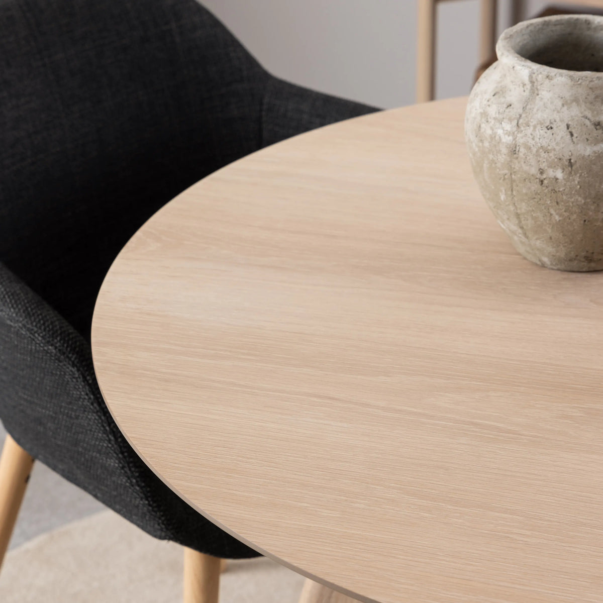 Townsville Round Dining Table in White and Oak 100x75cm includes 4 Batilda Fabric Dining Chairs in Grey/Oak