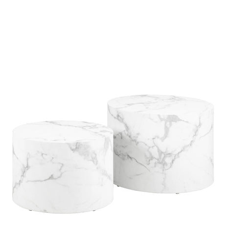 Dice Round Coffee Table Set of 2 in White Marble and Carrara Rough Paper
