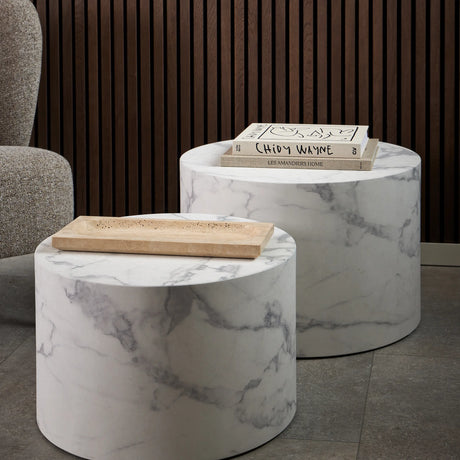 Dice Round Coffee Table Set of 2 in White Marble and Carrara Rough Paper