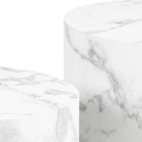 Dice Round Coffee Table Set of 2 in White Marble and Carrara Rough Paper