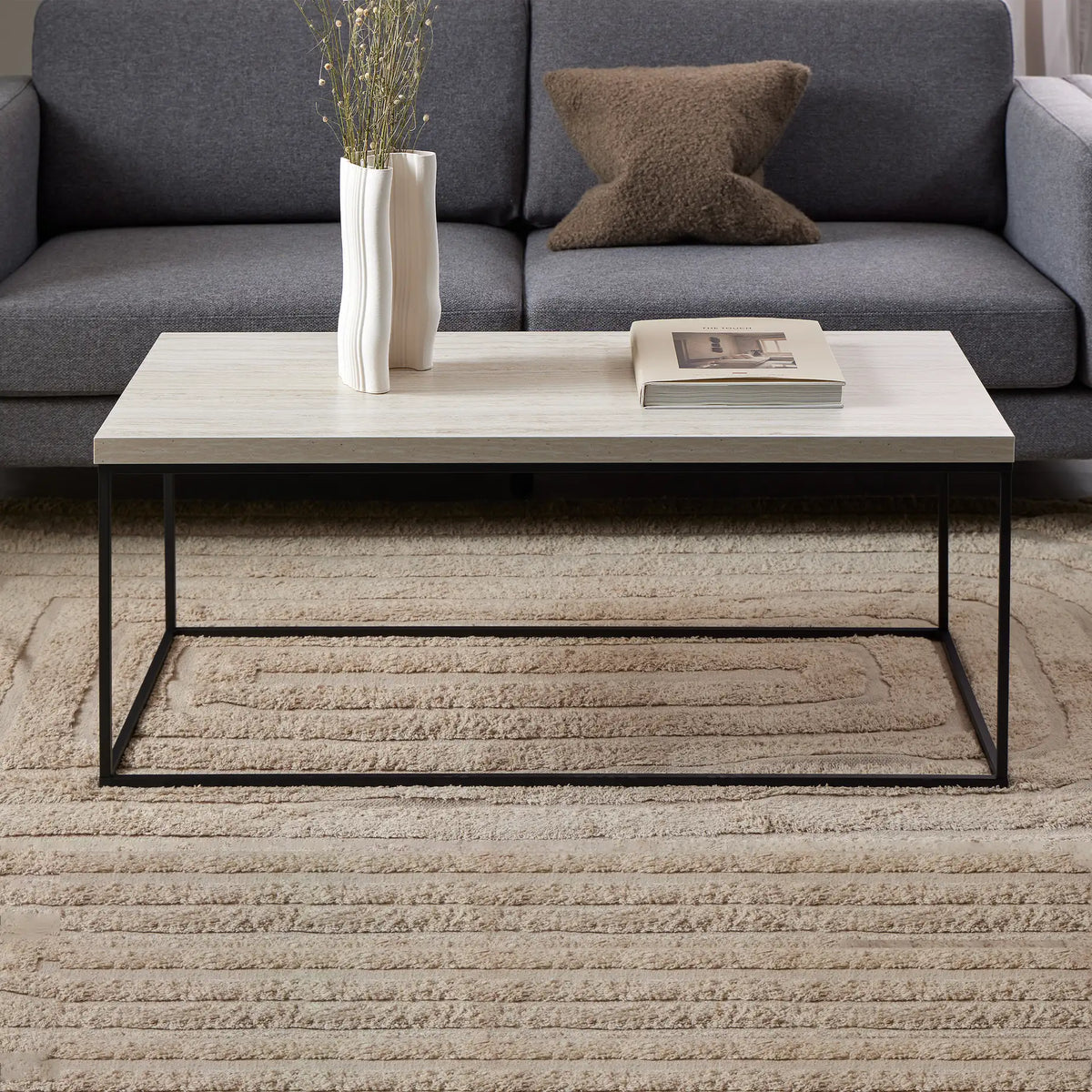 Barossa Coffee Table with Travertine Rough Paper Top & Black Powder Steel Base 110x55x45cm