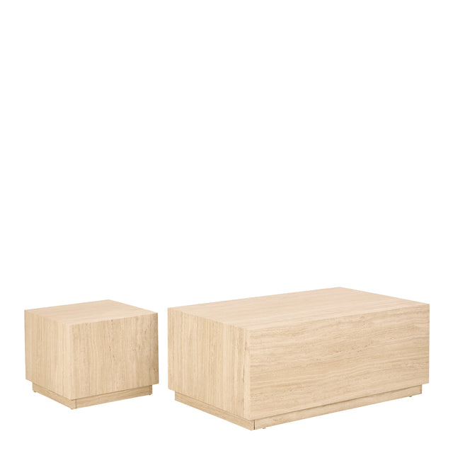 Dice Square and Rectangular Coffee Table Set of 2 in Travertine Rough Paper Effect