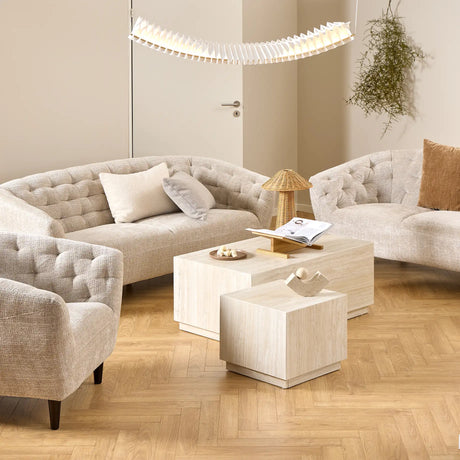 Dice Square and Rectangular Coffee Table Set of 2 in Travertine Rough Paper Effect