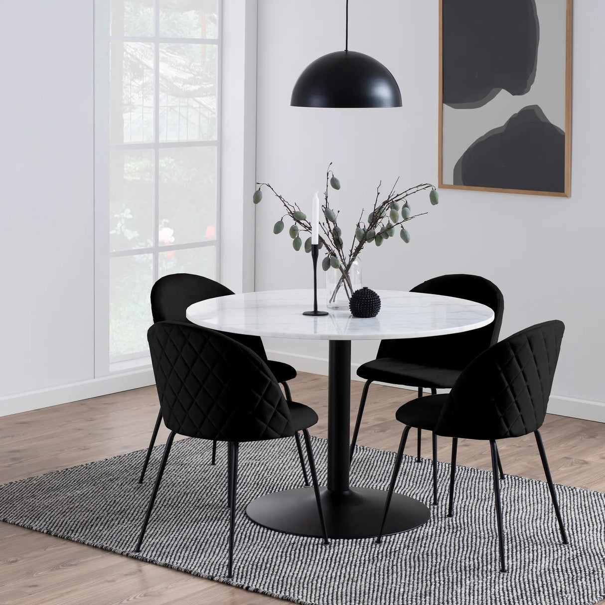 Tarifa Round Dining Table with White Polished Marble Top and Black Base 110x75cm