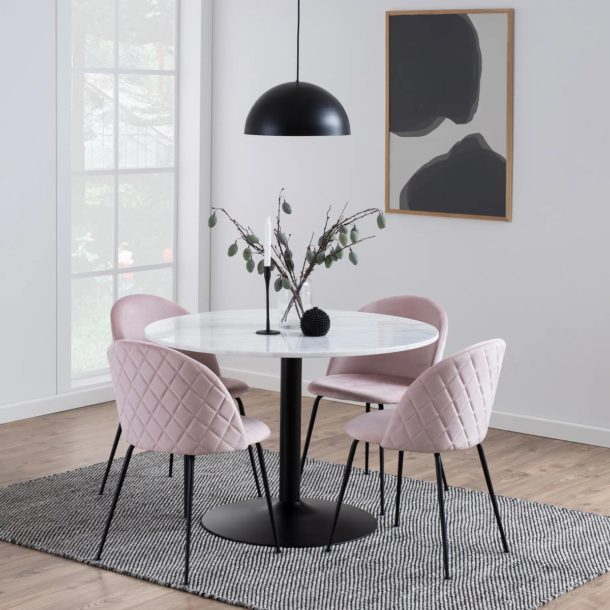 Tarifa Round Dining Table with White Polished Marble Top and Black Base 110x75cm