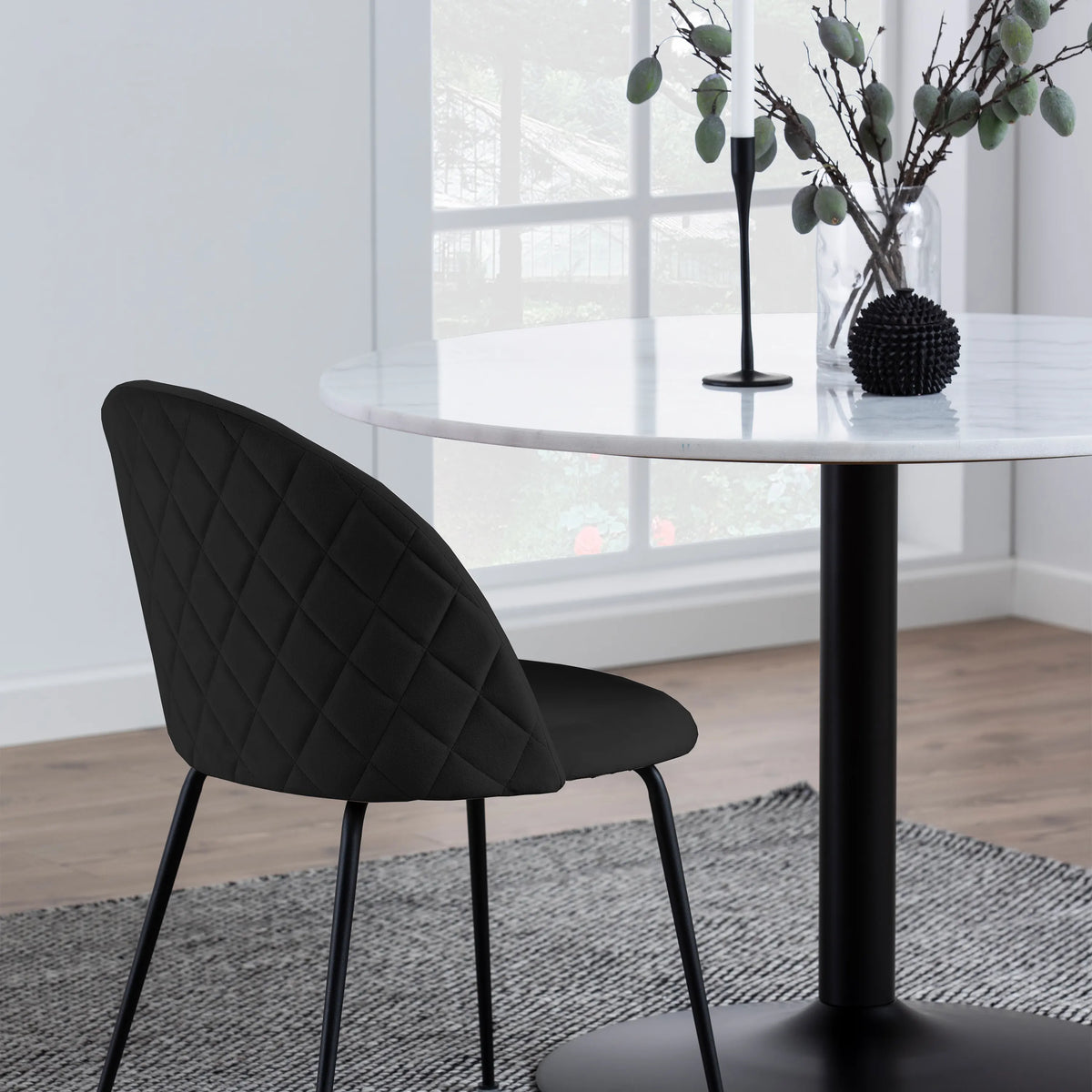 Tarifa Round Dining Table with White Polished Marble Top and Black Base 110x75cm