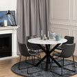 Heaven Round White Polished Marble Dining Table includes 4 I_Oregon Dining Chairs In Black