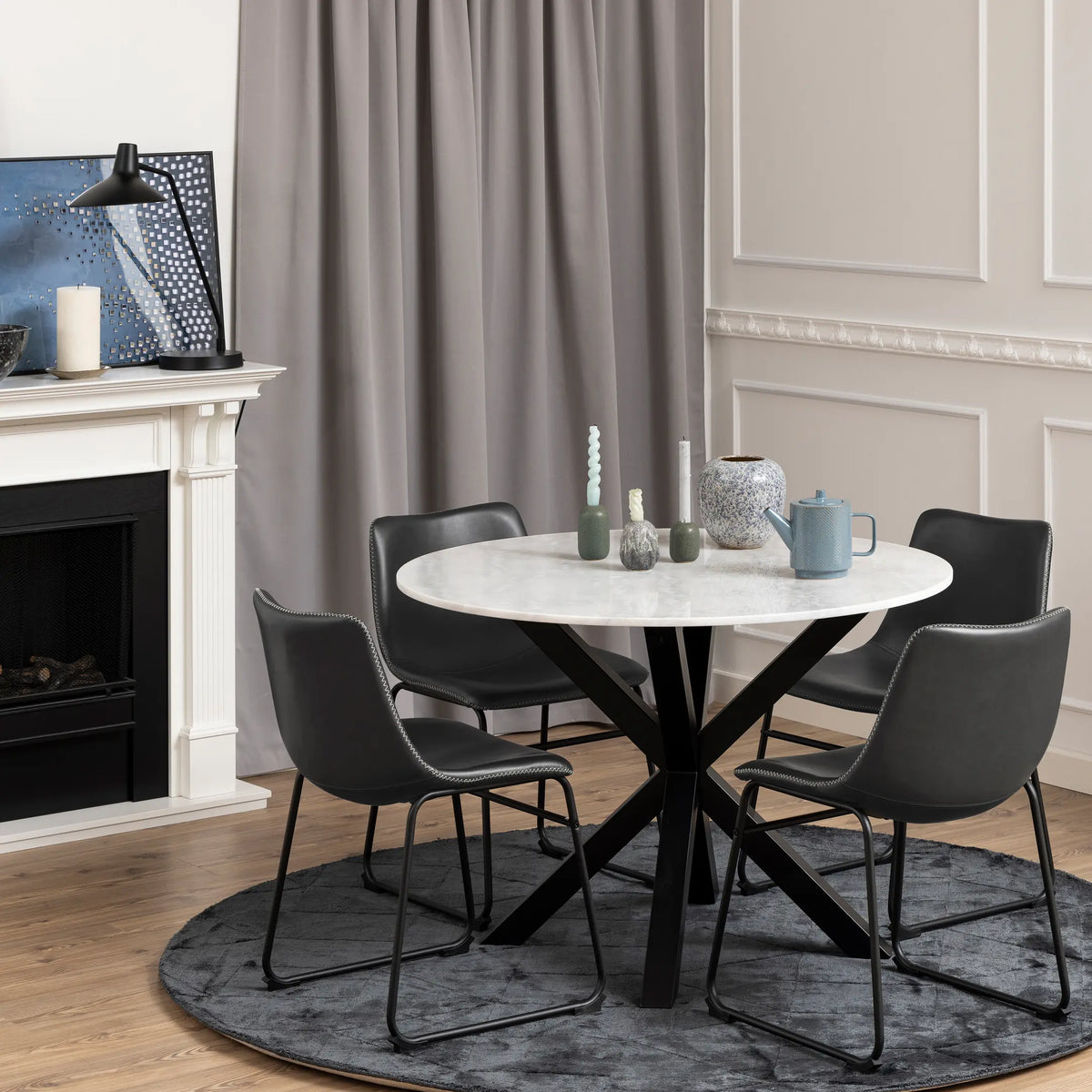 Heaven Round White Polished Marble Dining Table includes 4 I_Oregon Dining Chairs In Black